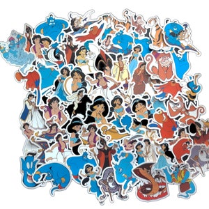 May include: A collection of colourful cartoon stickers featuring characters from the Disney film Aladdin. The stickers feature Aladdin, Jasmine, Abu, Genie, Jafar, and other characters from the film. The stickers are perfect for decorating laptops, water bottles, notebooks, and other items.