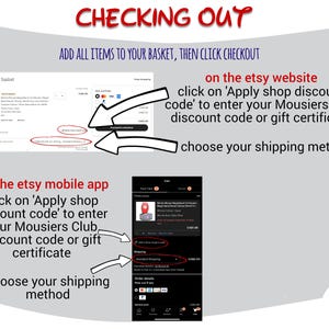 Op de afbeelding: Een afbeelding met instructies over hoe je een winkelkortingscode of cadeaubon kunt toepassen op de Etsy-website en de Etsy-mobiel-app. De afbeelding bevat een screenshot van het afreken scherm van de Etsy-mobiel-app.