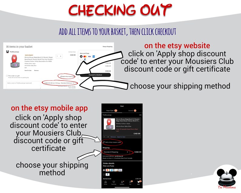 Op de afbeelding: Een afbeelding met instructies over hoe je een winkelkortingscode of cadeaubon kunt toepassen op de Etsy-website en de Etsy-mobiel-app. De afbeelding bevat een screenshot van het afreken scherm van de Etsy-mobiel-app.