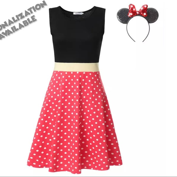 Adult Minnie Mouse Dress with Minnie Ears | Disney Costume | Disney World Vacation Outfit | Disneyland Cosplay | Halloween Dress Up Clothes