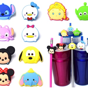 May include: A set of 10 colourful cartoon character straw toppers. The characters include Mickey Mouse, Minnie Mouse, Stitch, Elsa, and more. The toppers are made of silicone and are perfect for adding a fun touch to your drinks.