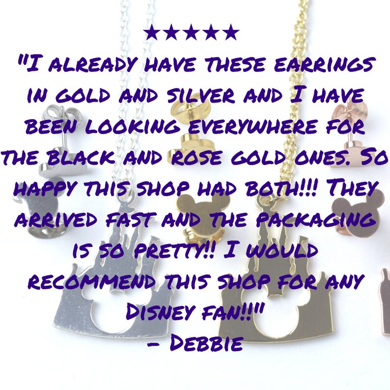 Puede incluir: Cinco estrellas para los pendientes de oro, plata, negro y oro rosa. La rese&ntilde;a dice: "Ya tengo estos pendientes en oro y plata y he estado buscando por todas partes los negros y los de oro rosa. &iexcl;Estoy tan contenta de que esta tienda tuviera ambos! &iexcl;&iexcl;&iexcl;Llegaron r&aacute;pido y el embalaje es precioso!!! &iexcl;Recomendar&iacute;a esta tienda a cualquier fan de Disney!!!" - Debbie