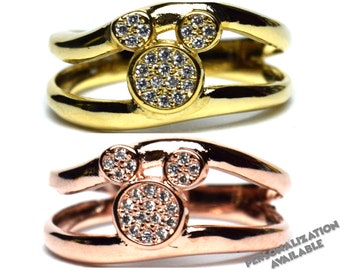 Cubic Zirconia & Gold or Rose Gold Mickey Mouse Ring | Gift for Disney Fan | Hidden Mickey Jewelry | Trip Accessories | Birthday Anniversary