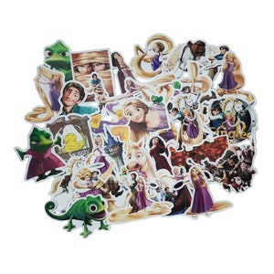 May include: A collection of assorted die-cut stickers featuring various characters and scenes from the animated film Tangled, including Rapunzel, Flynn Rider, Pascal the chameleon, and Maximus the horse, with vibrant colors and detailed illustrations.