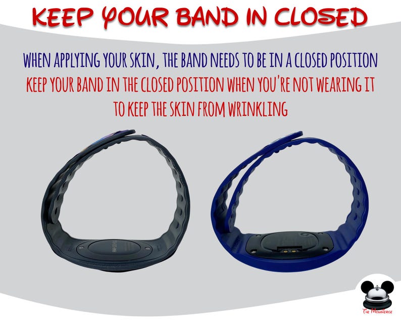 May include: Two fitness bands, one black and one blue, are displayed against a light gray background. The text above reads "KEEP YOUR BAND IN CLOSED." Instructions are provided on how to use the bands. The bands are designed to be worn on the skin.