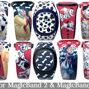 May include: A selection of MagicBand 2 and MagicBand+ wristbands with 101 Dalmatians designs. The bands feature Dalmatian puppies, Cruella de Vil, and bone and paw print patterns. The colour scheme includes white, red, and navy blue.