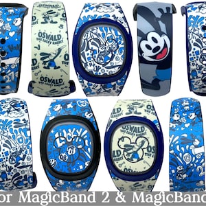 May include: A selection of MagicBand 2 and MagicBand+ accessories. The designs feature blue and white patterns, Oswald the Lucky Rabbit, and Mickey Mouse. The accessories are in various shapes and sizes, with a dark blue border.