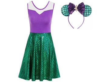 Adult Ariel Dress with Minnie Ears | Little Mermaid Costume | Disney World Vacation Outfit | Disneyland Cosplay | Halloween Dress Up Clothes