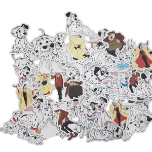 May include: A set of 30 Dalmatian dog stickers featuring various poses and characters from the Disney movie 101 Dalmatians. The stickers are printed on white paper and feature black and white spots.