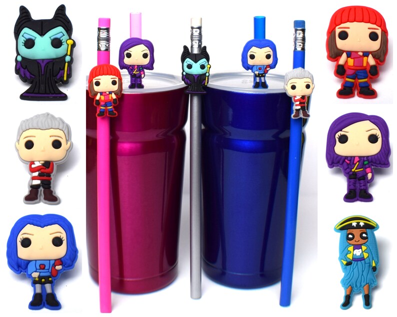 Disney Descendants & Villains Straw Buddies | Mal, Evie, Carlos, Jay, Uma, Ursula, Maleficent, Hades Jafar Cruella Evil Queen Pencil Toppers 