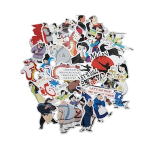 May include: A collection of die-cut vinyl stickers featuring various characters and scenes from the animated film Mulan. The stickers include illustrations of Mulan, Mushu, and other figures, along with text such as Dishonor on you and Let's get down to business.
