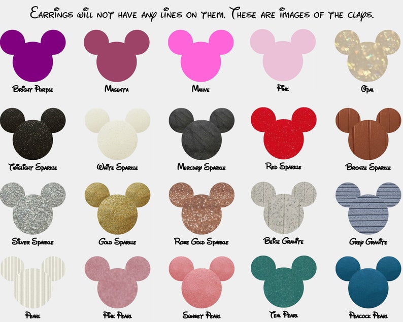 以下が含まれることがあります： ミッキーマウスの形をしたイヤリングの20種類の異なる色と模様のチャート。色は、明るいパープル、マゼンタ、マウブ、ピンク、オパール、トワイライトスパークル、ホワイトスパークル、マーキュリースパークル、レッドスパークル、ブロンズスパークル、シルバースパークル、ゴールドスパークル、ローズゴールドスパークル、ベージュグラナイト、グレーグラナイト、パール、ピンクパール、サンセットパール、ティールパール、ピーコックパールです。