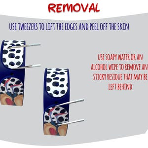 May include: Image showing instructions for removing a product. The word "REMOVAL" is at the top. The instructions advise using tweezers to lift edges and peel off the skin, and using soapy water or an alcohol wipe to remove residue.
