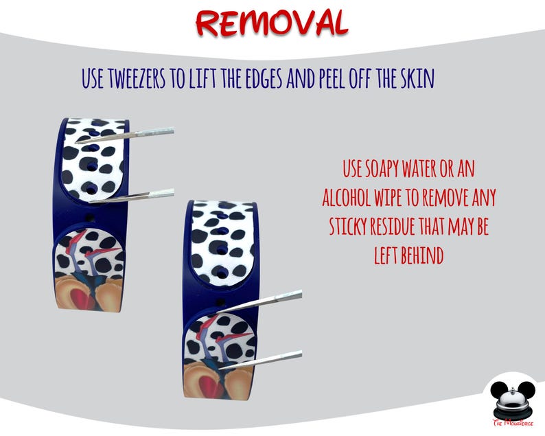 May include: Image showing instructions for removing a product. The word "REMOVAL" is at the top. The instructions advise using tweezers to lift edges and peel off the skin, and using soapy water or an alcohol wipe to remove residue.