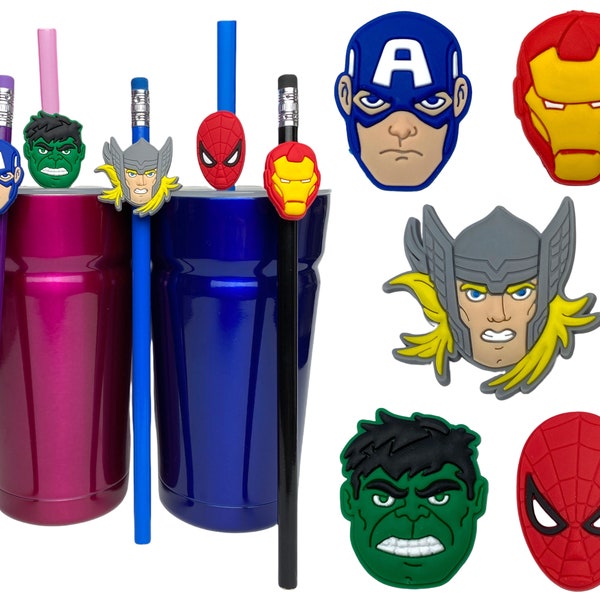 Avengers Straw Buddies | Marvel Straw Buddy | Iron Man Pencil Topper | Thor | Hulk | Spider-Man | Captain America | Party Loot Bag Gift