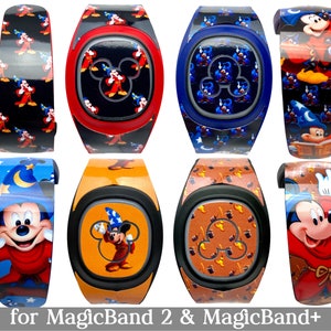 May include: Eight different MagicBand 2 and MagicBand+ designs featuring Mickey Mouse and other Disney characters. The designs include Mickey Mouse as a sorcerer, Mickey Mouse with a pumpkin, Mickey Mouse with a blue background, and Mickey Mouse with a red background.
