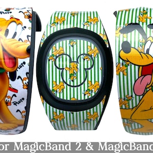 May include: A green and white striped MagicBand 2 or MagicBand+ with a repeating pattern of Pluto and Mickey Mouse. The band features a large image of Pluto with a green collar and a white background.