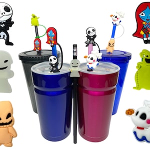 May include: Set of 10 colourful silicone straw toppers featuring characters from The Nightmare Before Christmas. The toppers are designed to fit on standard-sized straws and add a fun and festive touch to any drink.
