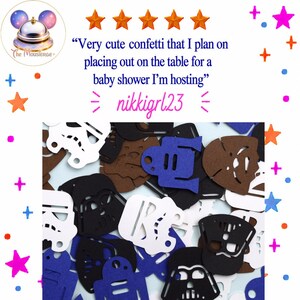 May include: A collection of die-cut felt confetti shapes featuring Star Wars characters in black, white, brown, and blue. The image includes a five-star rating and the text: Very cute confetti that I plan on placing out on the table for a baby shower I'm hosting, nikkigrl23.
