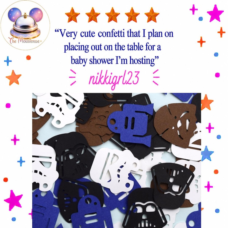 May include: A collection of die-cut felt confetti shapes featuring Star Wars characters in black, white, brown, and blue. The image includes a five-star rating and the text: Very cute confetti that I plan on placing out on the table for a baby shower I'm hosting, nikkigrl23.