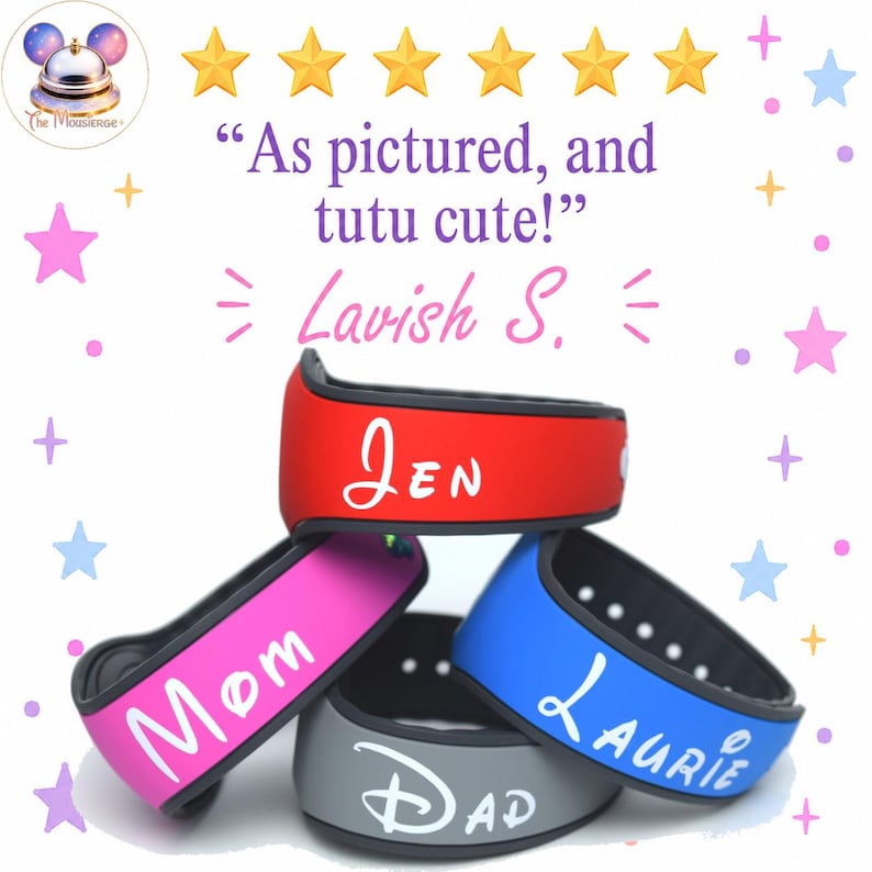 May include: Four silicone wristbands in red, pink, blue, and gray, each featuring a white personalized name or title: Jen, Mom, Laurie, and Dad. The image includes six yellow stars, colorful star icons, and the text: As pictured, and tutu cute!