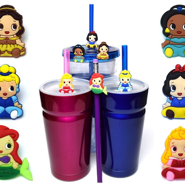Disney Princess Straw Buddies | Snow White, Aurora, Jasmine, Ariel, Cinderella, Belle Pencil Toppers | Birthday Party Loot Bag Gifts