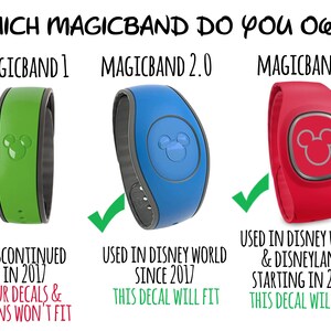 May include: A guide to Disney MagicBands, showing the different versions and their compatibility with decals. The MagicBand 1 is discontinued, while the MagicBand 2.0 and MagicBand+ are still in use. The MagicBand 2.0 is used in Disney World since 2017, and the MagicBand+ is used in Disney World and Disneyland starting in 2022.