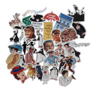 May include: A set of colorful stickers featuring characters and scenes from the movie Mary Poppins. The stickers include images of Mary Poppins, Bert, the Banks children, penguins, and other iconic elements from the film. The stickers are perfect for adding a touch of whimsy to journals, laptops, water bottles, and other surfaces.