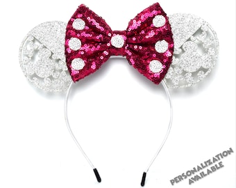Silver and Pink Glitter Minnie Ears | Minnie Mouse Ears | Mickey Ears |  Disneyland Ears | Disney Ears | Disney Trip Ears | Disney World