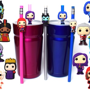 May include: Set of 12 colourful character charms for decorating reusable straws. The charms feature characters from popular Disney and Nickelodeon shows, including Maleficent, Jafar, Ursula, Cruella de Vil, and characters from the Descendants series.