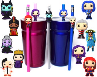 Disney Descendants & Villains Straw Buddies | Mal, Evie, Carlos, Jay, Uma, Ursula, Maleficent, Hades Jafar Cruella Evil Queen Pencil Toppers