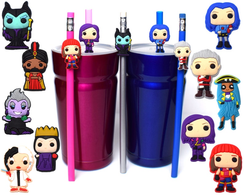 May include: Set of 12 colorful character charms for decorating reusable straws. The charms feature characters from popular Disney and Nickelodeon shows, including Maleficent, Jafar, Ursula, Cruella de Vil, and characters from the Descendants series.