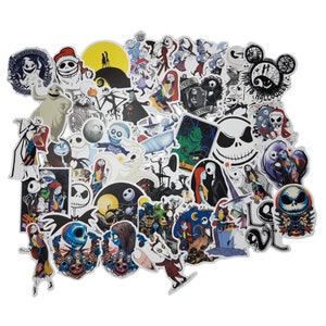 May include: A collection of colourful stickers featuring characters from the Nightmare Before Christmas film. The stickers feature Jack Skellington, Sally, Zero the ghost dog, and other characters from the movie. The stickers are perfect for decorating laptops, water bottles, notebooks, and other surfaces.