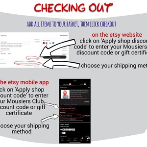 May include: A graphic with instructions on how to apply a shop discount code or gift certificate on the Etsy website and Etsy mobile app. The graphic includes a screenshot of the Etsy mobile app checkout screen.