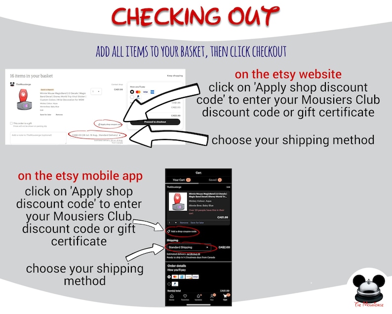 May include: A graphic with instructions on how to apply a shop discount code or gift certificate on the Etsy website and Etsy mobile app. The graphic includes a screenshot of the Etsy mobile app checkout screen.