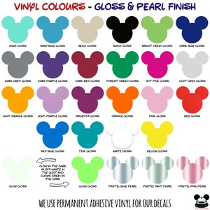 May include: A color chart displaying various vinyl colors in Mickey Mouse head shapes with gloss and pearl finishes. Text includes VINYL COLOURS - GLOSS & PEARL FINISH, individual color names, and a note about glow in the dark vinyl and permanent adhesive.