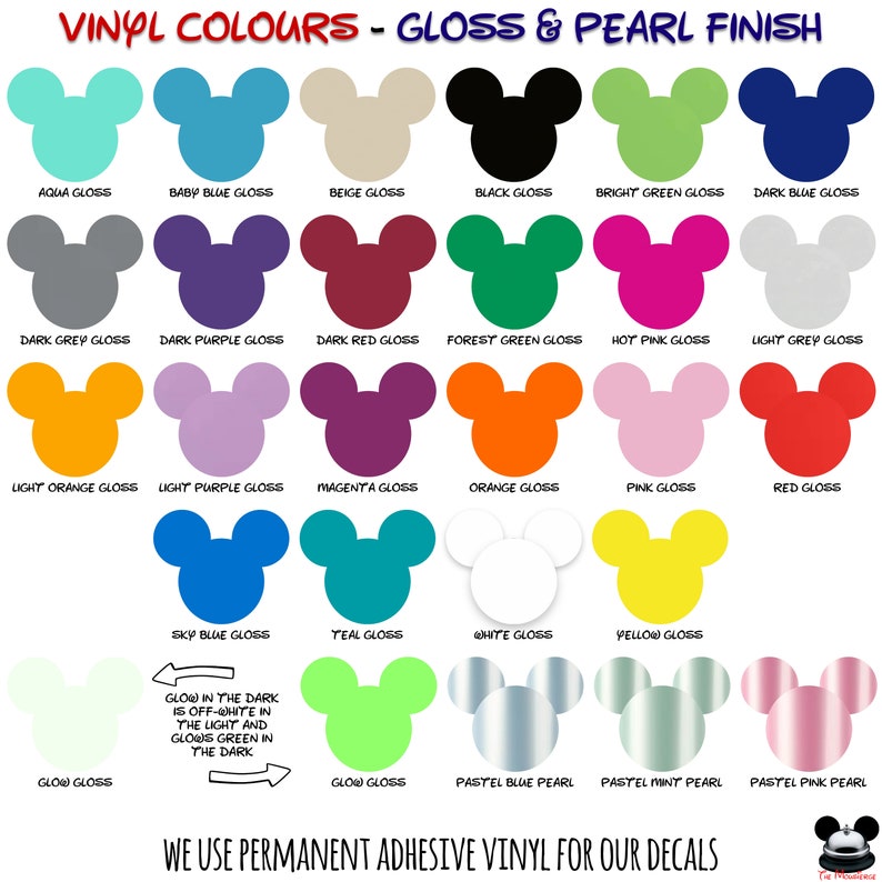 May include: A color chart displaying various vinyl colors in Mickey Mouse head shapes with gloss and pearl finishes. Text includes VINYL COLOURS - GLOSS & PEARL FINISH, individual color names, and a note about glow in the dark vinyl and permanent adhesive.