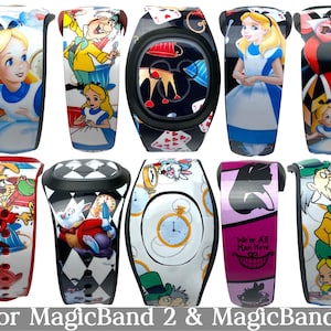 May include: Nine different designs of MagicBand 2 and MagicBand+ skins featuring characters from Alice in Wonderland. The designs include Alice, the Mad Hatter, the Queen of Hearts, the White Rabbit, and the Cheshire Cat.