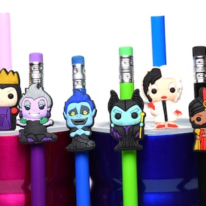 May include: Six colorful pencils with different Disney villain character toppers. The toppers are made of silicone and feature characters like Ursula, Maleficent, and Cruella de Vil.
