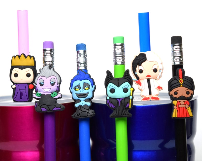 May include: Six colorful pencils with different Disney villain character toppers. The toppers are made of silicone and feature characters like Ursula, Maleficent, and Cruella de Vil.