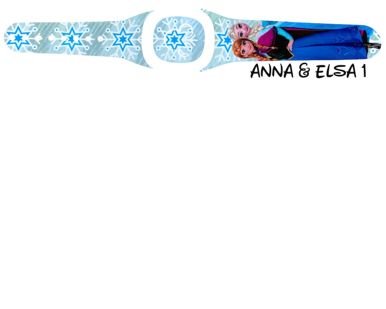 May include: A light blue and white watch band featuring a snowflake pattern and the text "ANNA & ELSA 1". The band also displays a graphic of Anna and Elsa from the movie Frozen.