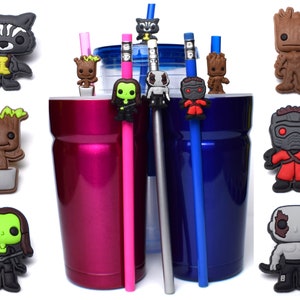 May include: Set of 10 Guardians of the Galaxy character themed silicone straw toppers. The toppers feature characters like Rocket Raccoon, Groot, Gamora, Star-Lord, and Drax. The toppers are designed to fit on standard-sized straws.
