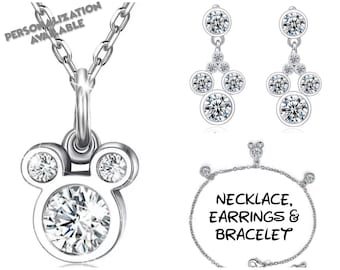 Mickey Mouse Jewelry Set | Rhinestone Mickey Necklace, Earrings & Bracelet | Gift for Disney Fan | Disney World Trip Accessories | Cruise