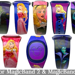 May include: A selection of MagicBand 2 and MagicBand+ wristbands with Disney character designs. Princess Aurora is shown in pink and blue dresses, and Maleficent in purple and black. A purple band has a Mickey Mouse icon.