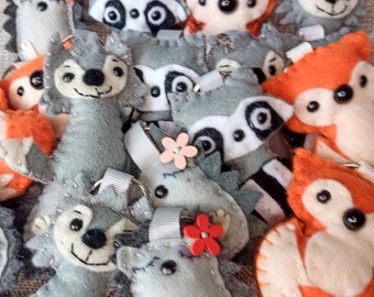 Felt, Fox, Wolf, Raccoon, Hedgehog, Key-rings, Key-chains,Bag-charm, Hand-made, Hand-stitched