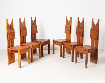 Unieke, door een architect ontworpen brutalistische set van 6 eetkamerstoelen in grenen, Tsjecho-Slowakije, jaren 1970