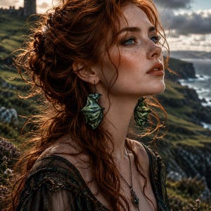 May include: A portrait of a person with red hair and blue eyes, wearing green leaf-shaped earrings and a matching pendant necklace. The person is looking up, with a scenic background of a coastal landscape and a castle.