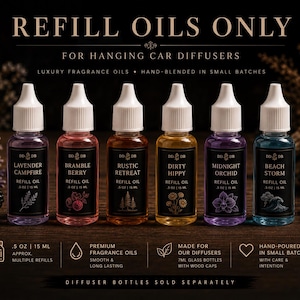 May include: Six refill oil bottles for hanging car diffusers. Each bottle contains 0.5 oz (15 ml) of fragrance oil. Scents include Lavender Campfire, Bramble Berry, Rustic Retreat, Dirty Hippy, Midnight Orchid, and Beach Storm.