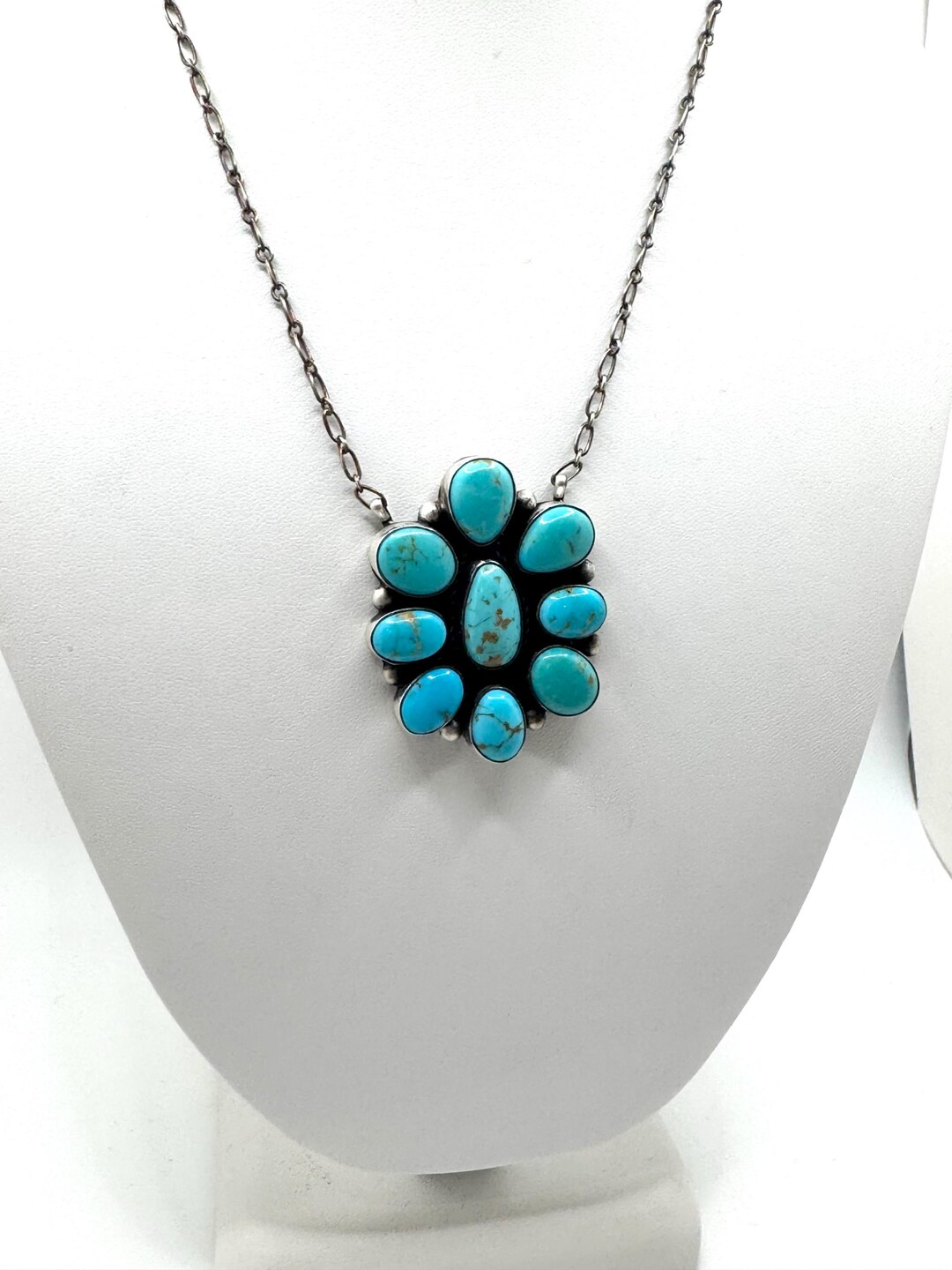 Navajo Sterling Silver Kingman Turquoise Cluster Necklace Made by ...