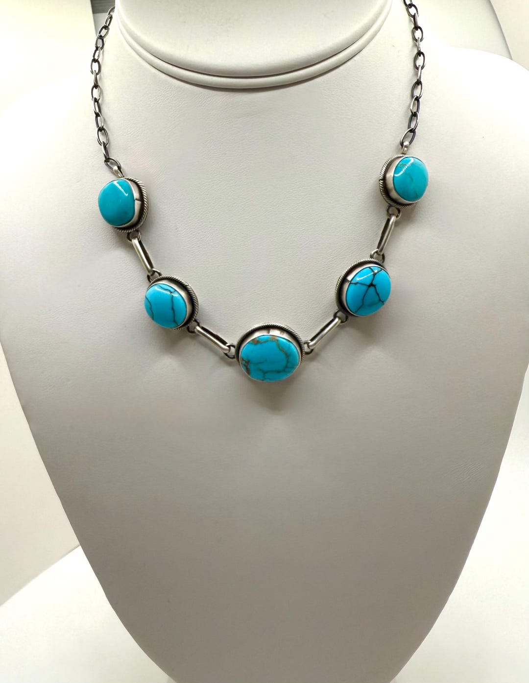 Navajo Handcrafted Sterling Silver Kingman Turquoise Necklace Made by ...